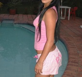 Mari bends over and shows her goods at the pool