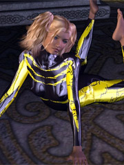 Latex blonde with big breasts exposes her damp glory-hole in fishnets.