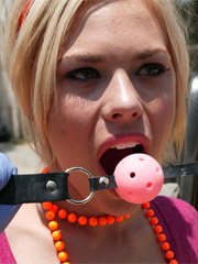 Bitch gets ball gagged and fucked by dildo saw!