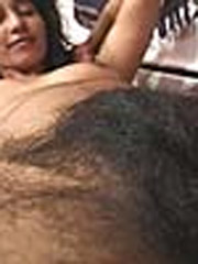 Exotic babe melody ann sizing up a big pipe before taking it in her hirsute cunt