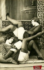 Sensual vintage ladies in sexy lingerie showing the goods