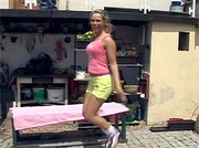 Sporty blonde teenie girl enjoys a cock in her backyard