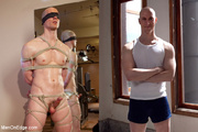 Tied up and blindfolded bald hunk forced to go through pain and humiliation. Tags: Gay bondage, insertion, naked men.